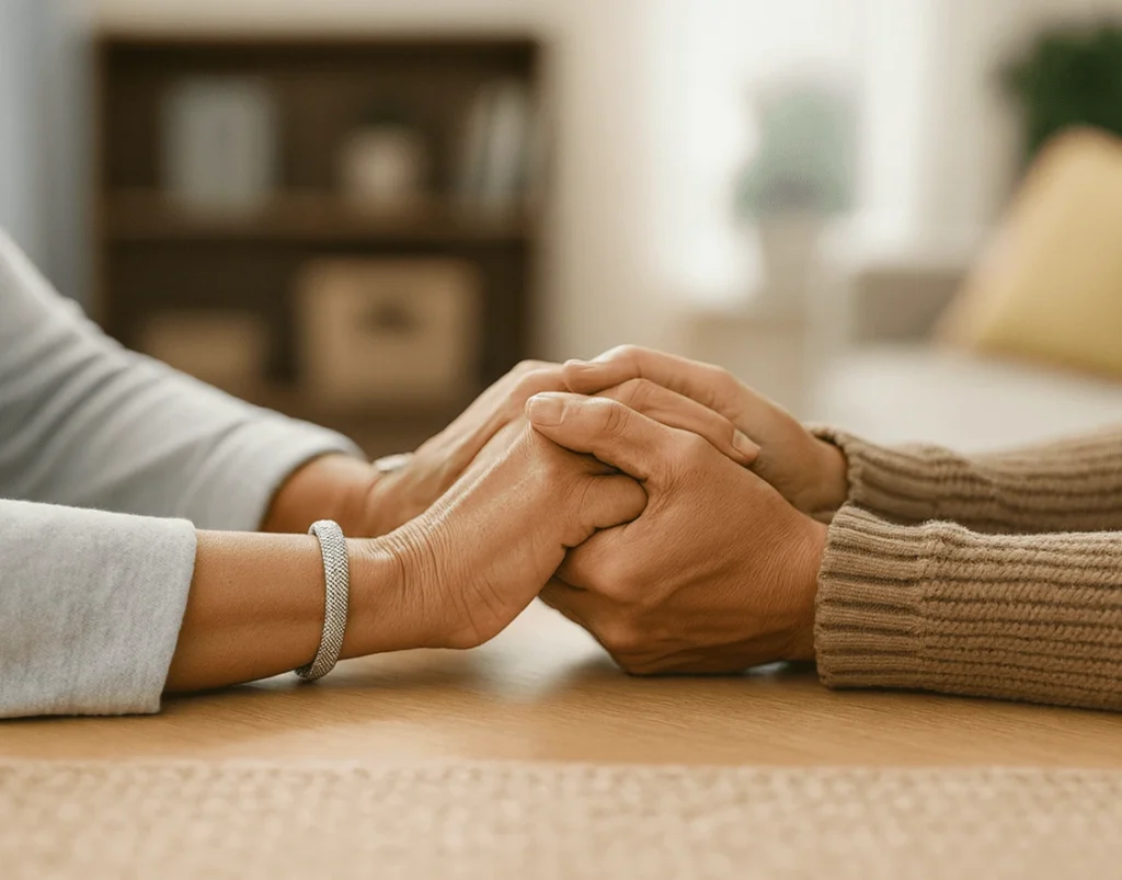 Elderly couple holding hands